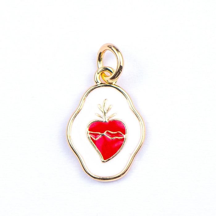 11mm x 16mm White and Red Sacred Heart Charm - Enamel and Base Metal***