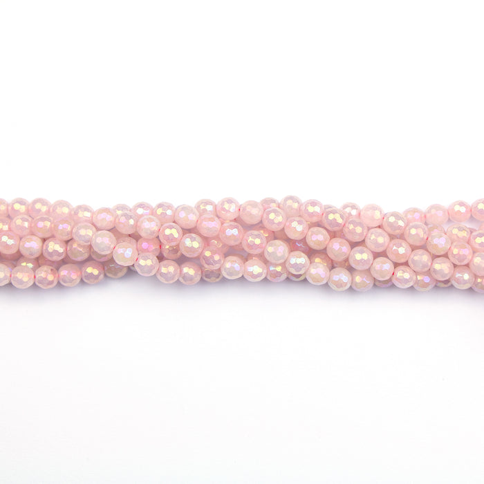 6mm Faceted Round, Rainbow Plated, ROSE QUARTZ - 16 inch Strand