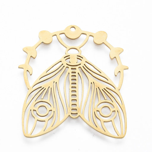 34mm x 37mm Moth with Ring Pendant - Gold Plated Stainless Steel