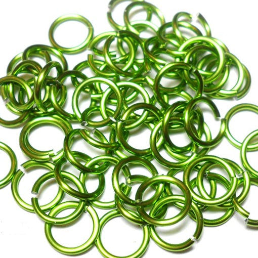 16swg (1.6mm) 3/8in. (10.1mm) ID 6.4AR Anodized  Aluminum Jump Rings - Lime