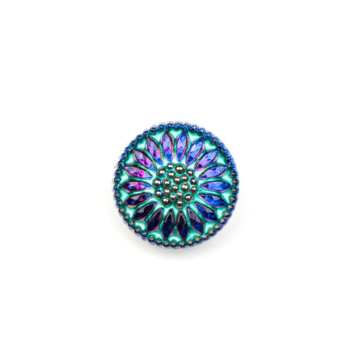 18mm Czech Glass Button- Volcano, Turquoise and Silver Daisy
