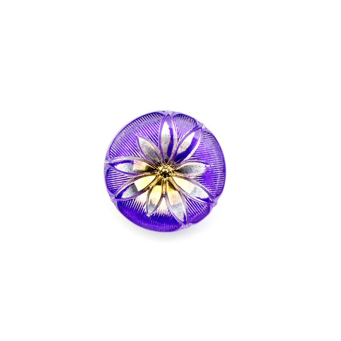 18mm Czech Glass Button- Purple and Gold Lotus