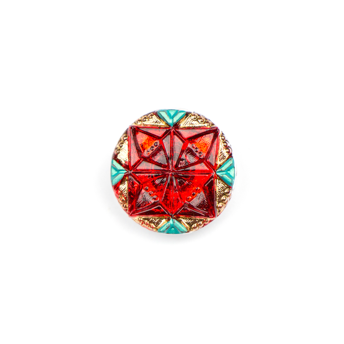 18mm Czech Glass Button- Red, Gold and Turqoise Geometric