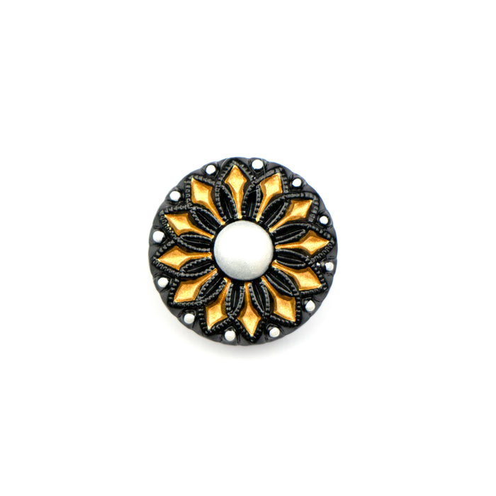 18mm Czech Glass Button- Black and Gold Flower