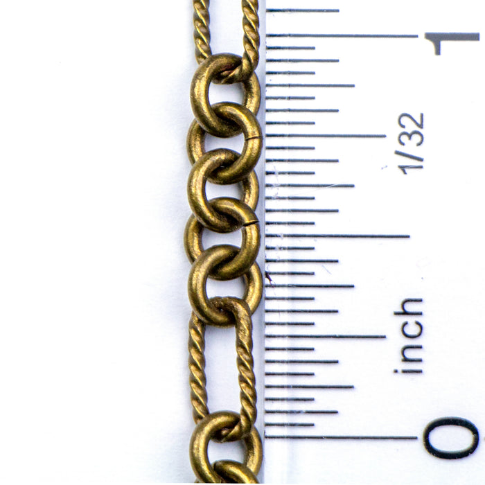 9mm x 5mm Rectangle & 5mm Round Textured Link Chain - Antique Brass
