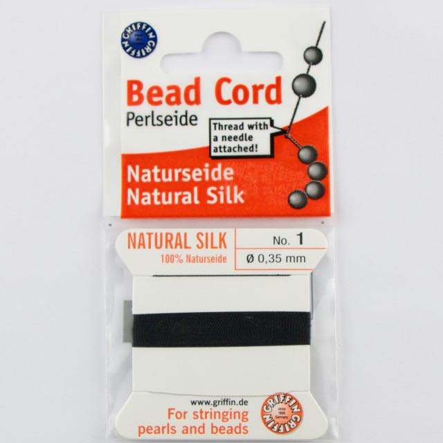 Size 1 (.35mm) - 100% Natural Silk Bead Cord - Black