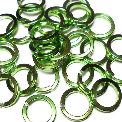 16swg (1.6mm) 3/8in. (10.0mm) ID Square Wire Anodized Aluminum Jump Rings - Lime