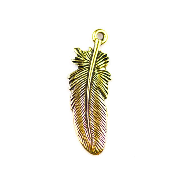 Large Feather Charm - Antique Gold Plate