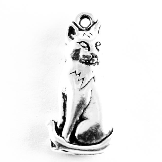Sitting Cat Charm - Antique Silver Plate