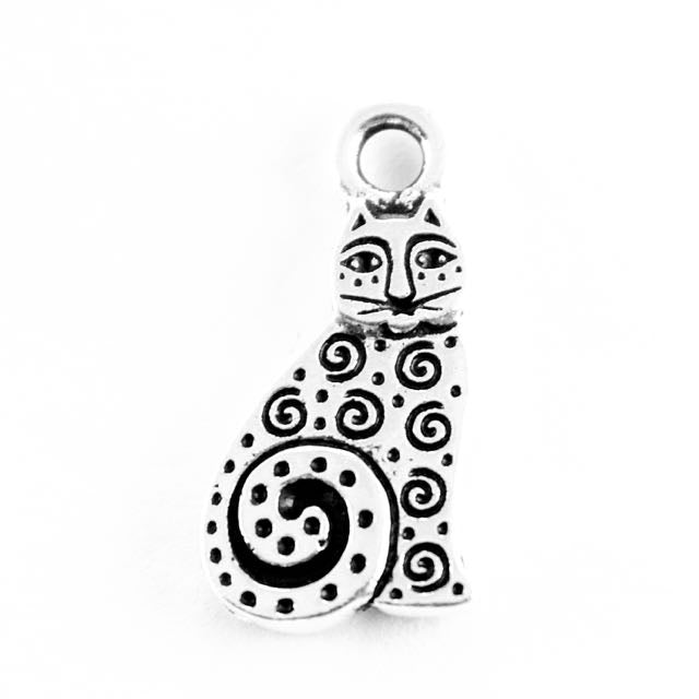 Spiral Cat Charm - Antique Silver Plate
