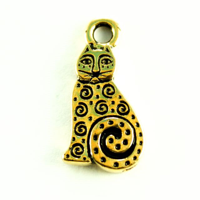 Spiral Cat Charm - Antique Gold Plate