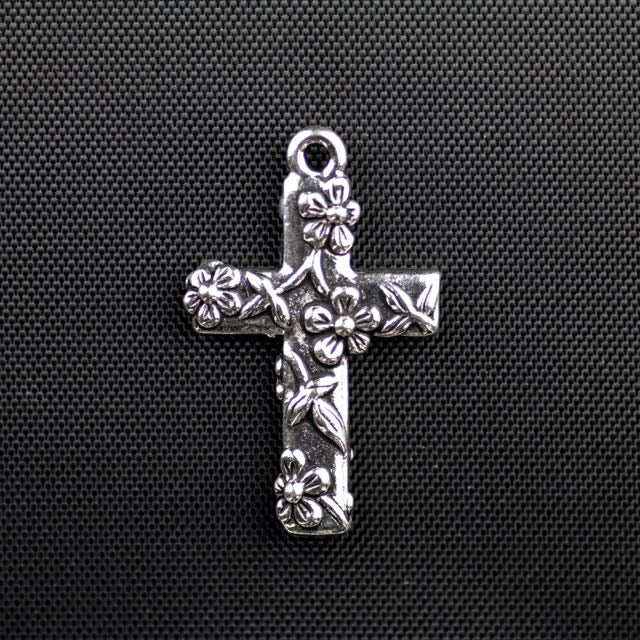 Floral Cross Charm - Antique Silver Plate